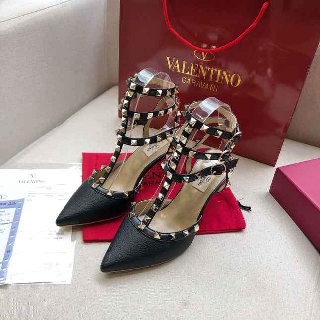ROCKSTUD BLACK METALLIC CALFSKIN ANKLE STRAP HIGH SANDAL