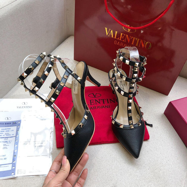 ROCKSTUD BLACK METALLIC CALFSKIN ANKLE STRAP HIGH SANDAL