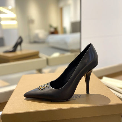 BURBERRY 26S HIGH HEELS 105 MM IN BLACK CALFSKIN WITH LOGO