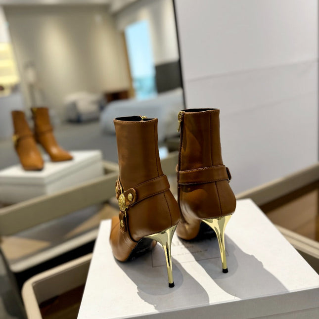 BALMAIN 26S STILETTO HEEL BOOTS 95 MM IN BROWN CALFSKIN