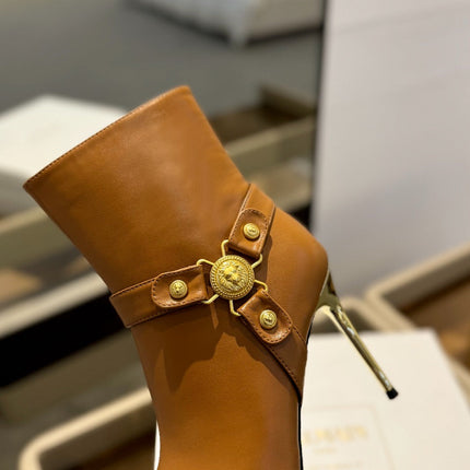 BALMAIN 26S STILETTO HEEL BOOTS 95 MM IN BROWN CALFSKIN